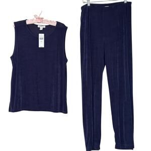 NWT Coldwater Creek Large Set Slinky Acetate Tank Top Pull On Pants Navy Blue